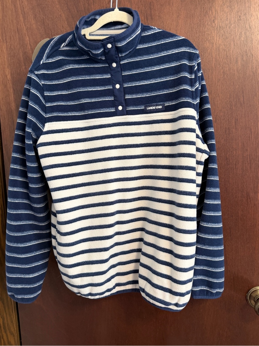 Lands' End Navy and White Striped Fleece Pullover